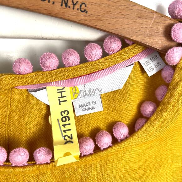 Boden Romaine Linen Pom-Pom Shift Dress Tuscan Sun Mustard Yellow Sz US 6 UK 10 - Picture 11 of 11